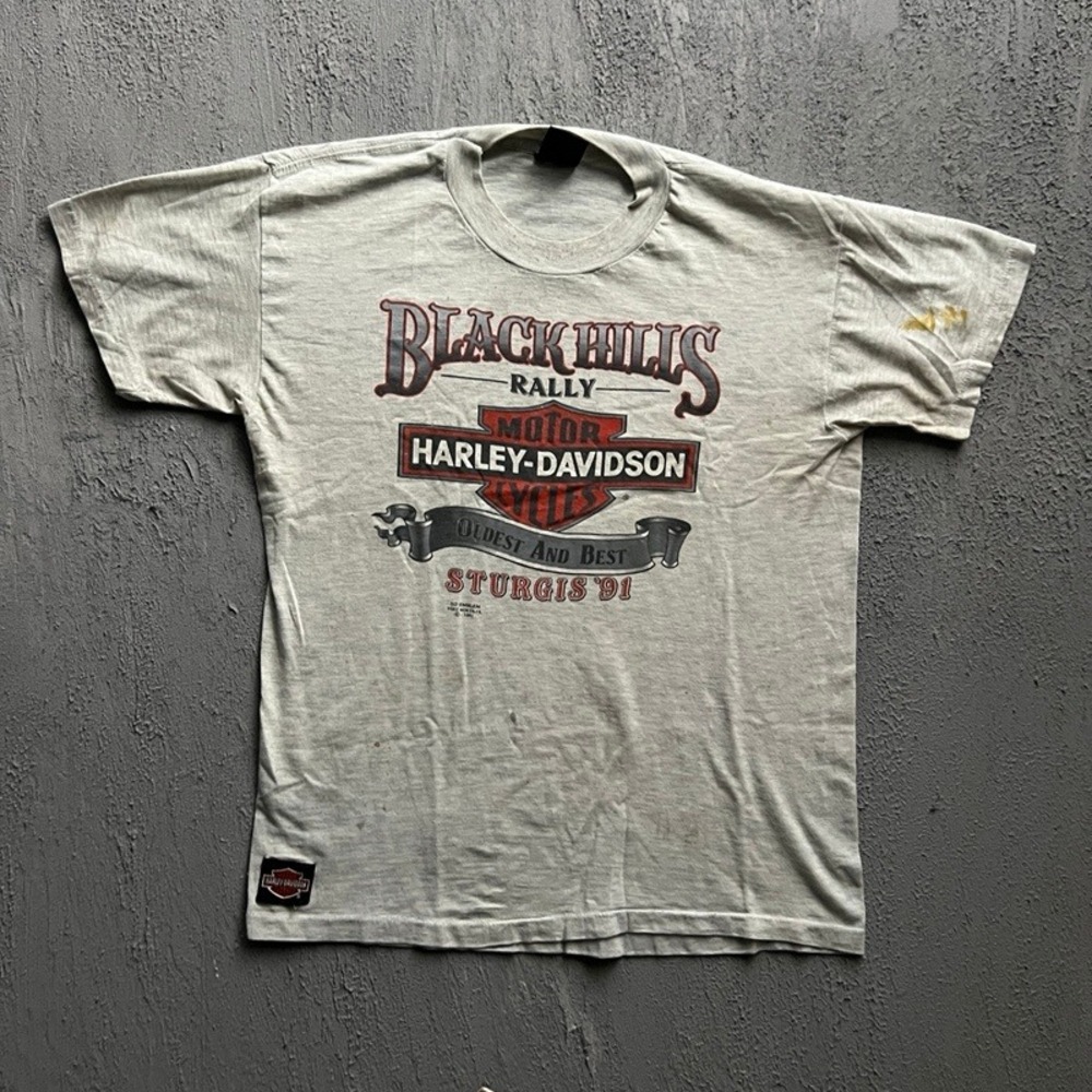 Vintage Harley Davidson Shirt Medium Gray 1991 Sturgis 3D Emblem